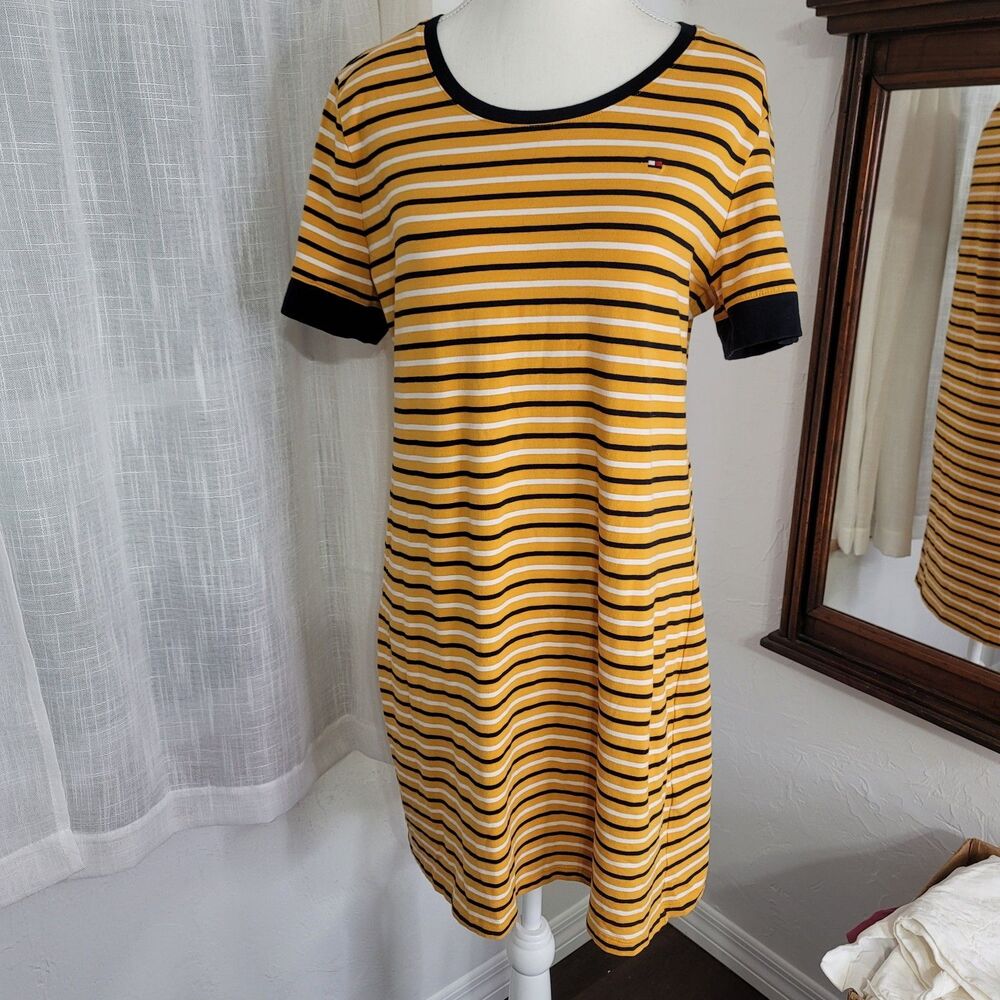 Tommy Hilfiger Mustard Yellow/Navy Stripe T-Shirt Dress M Stretch Short Sleeve